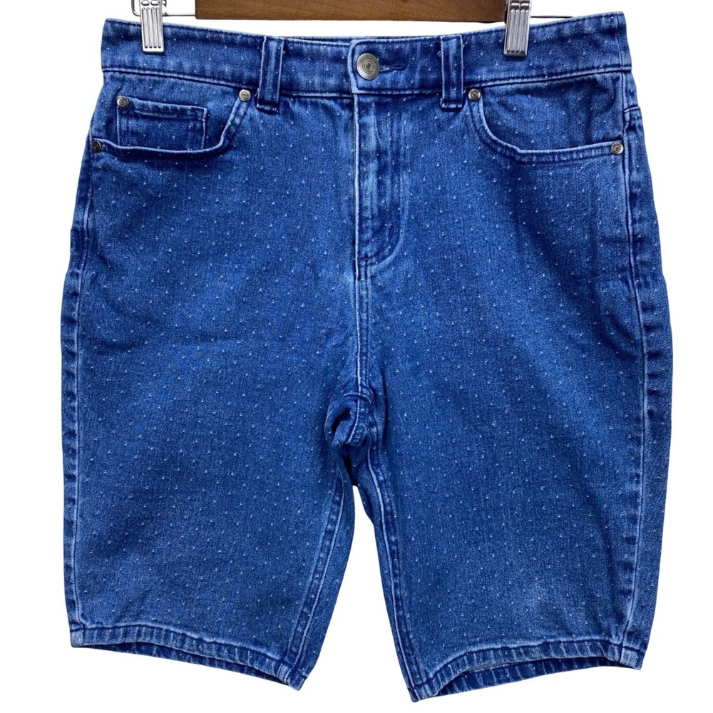 Christopher & Banks Denim Shorts Women 4 Blue Micro Dot Mid Rise Stretch Bermuda